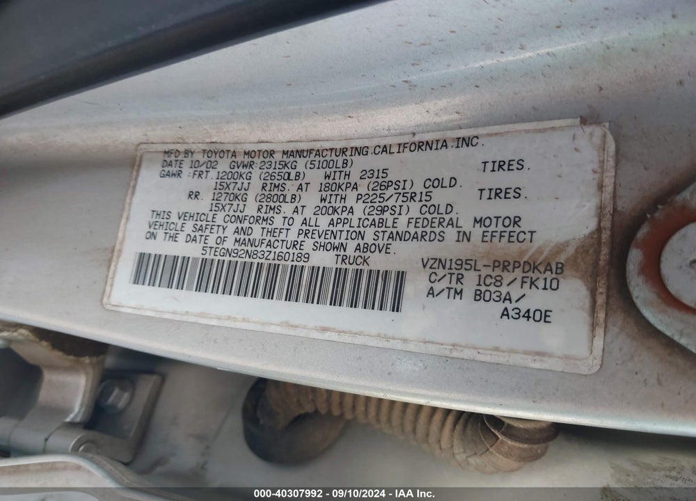 2003 TOYOTA TACOMA PRERUNNER V6 VIN: 5TEGN92N83Z160189