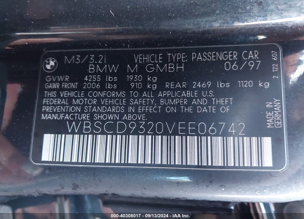 1997 BMW M3 VIN: WBSCD9320VEE06742