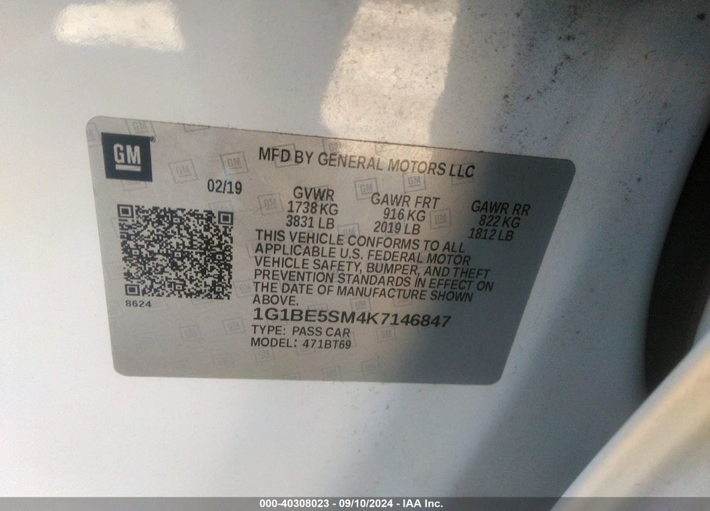 2019 CHEVROLET CRUZE VIN: 1G1BE5SM4K7146847