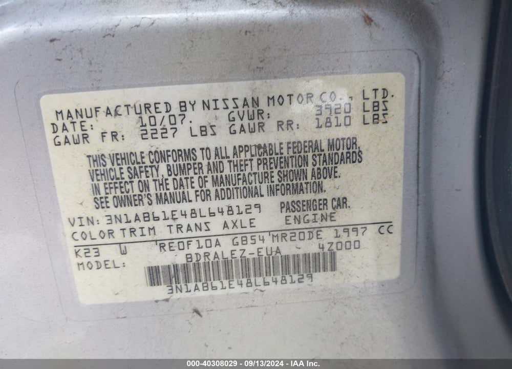 2008 NISSAN SENTRA 2.0S VIN: 3N1AB61E48L648129