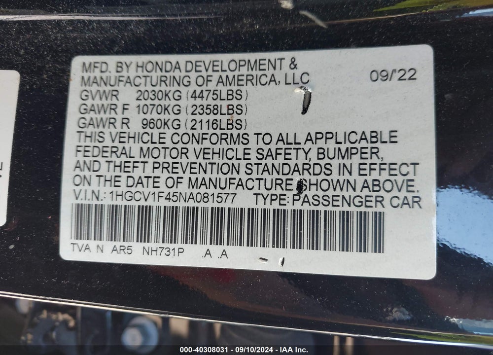 2022 HONDA ACCORD SPORT SPECIAL EDITION VIN: 1HGCV1F45NA081577