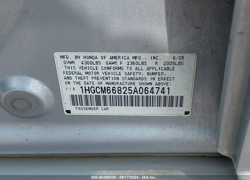 2005 HONDA ACCORD 3.0 EX VIN: 1HGCM66825A064741