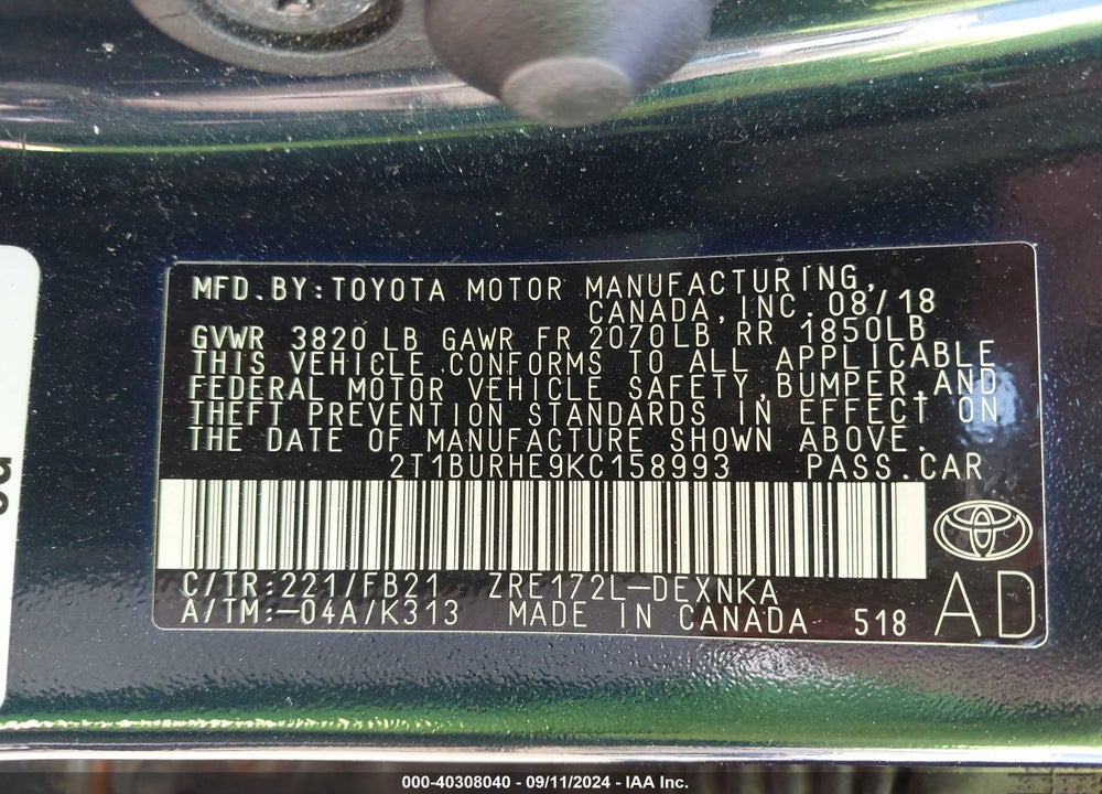 2019 TOYOTA COROLLA LE VIN: 2T1BURHE9KC158993