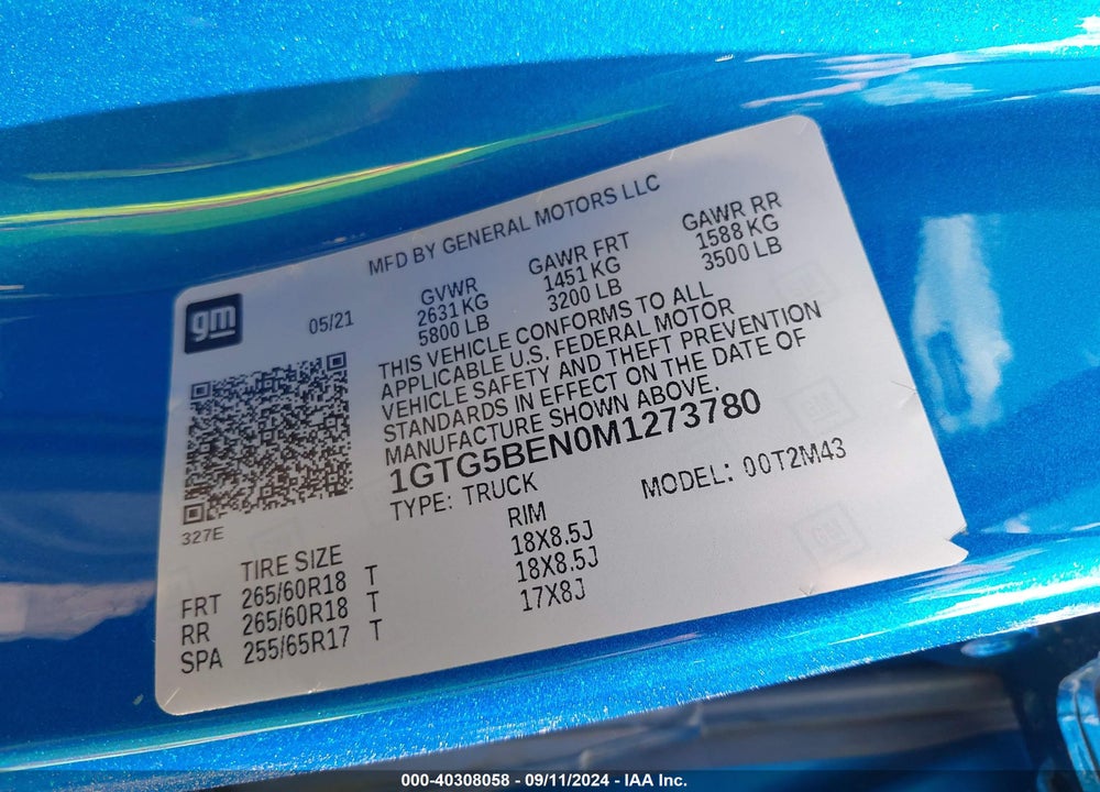 2021 GMC CANYON 2WD SHORT BOX ELEVATION STANDARD VIN: 1GTG5BEN0M1273780