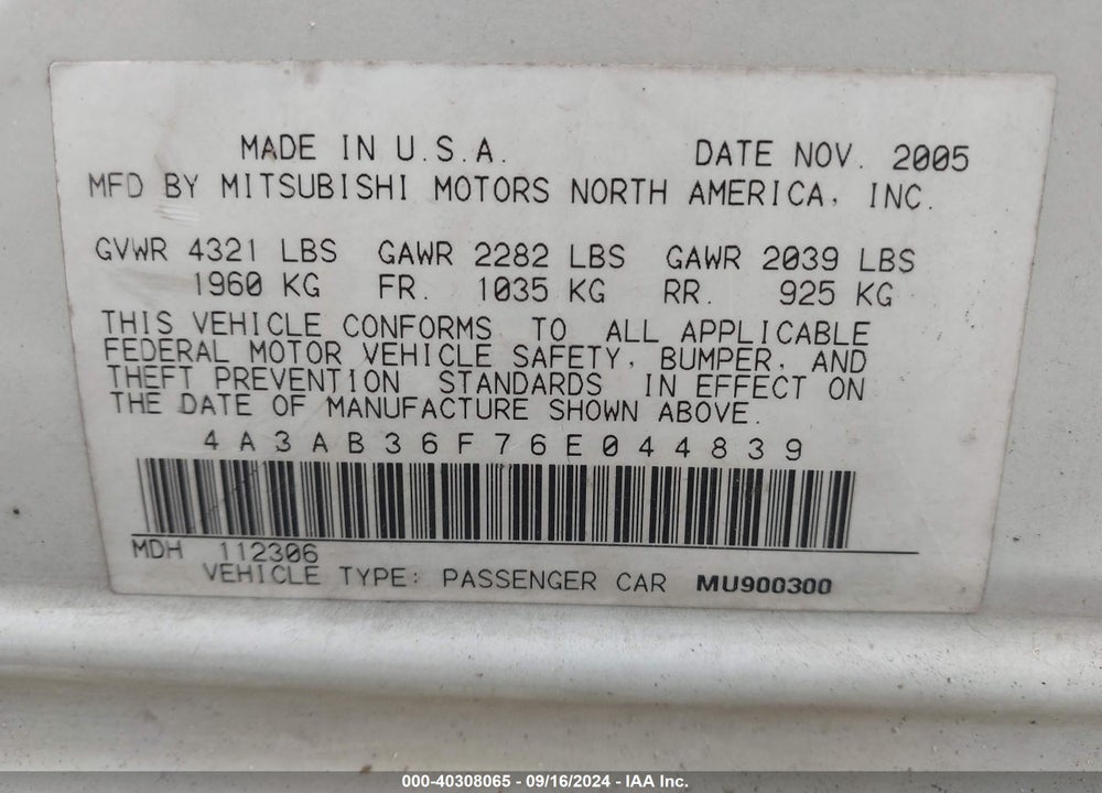 2006 MITSUBISHI GALANT ES/SE VIN: 4A3AB36F76E044839