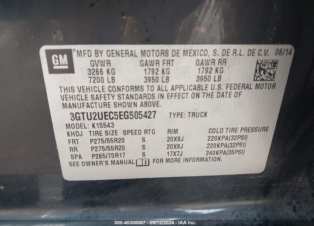 2014 GMC SIERRA 1500 SLE VIN: 3GTU2UEC5EG505427