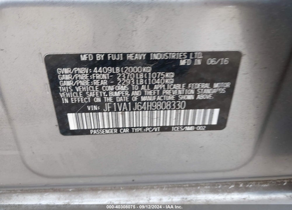 2017 SUBARU WRX LIMITED VIN: JF1VA1J64H9808330