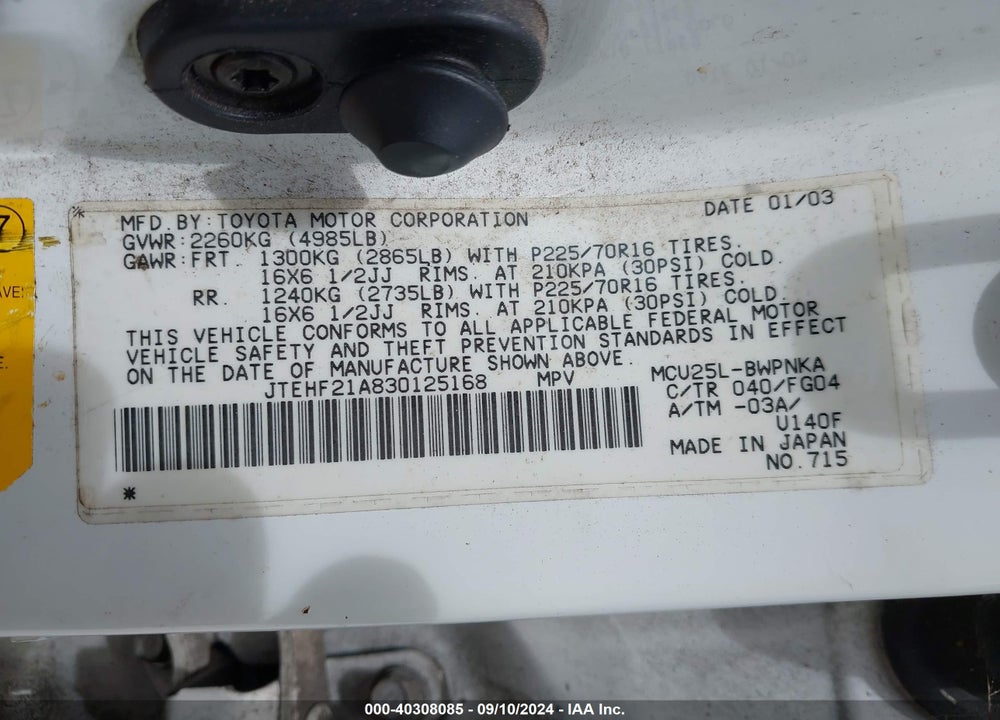 2003 TOYOTA HIGHLANDER V6 VIN: JTEHF21A830125168