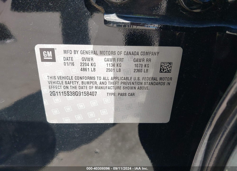 2016 CHEVROLET IMPALA 2LT VIN: 2G1115S38G9158407
