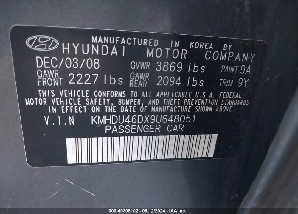 2009 HYUNDAI ELANTRA SE VIN: KMHDU46DX9U648051