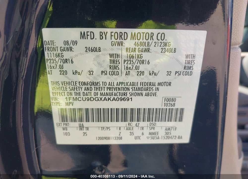 2010 FORD ESCAPE XLT VIN: 1FMCU9DGXAKA09691