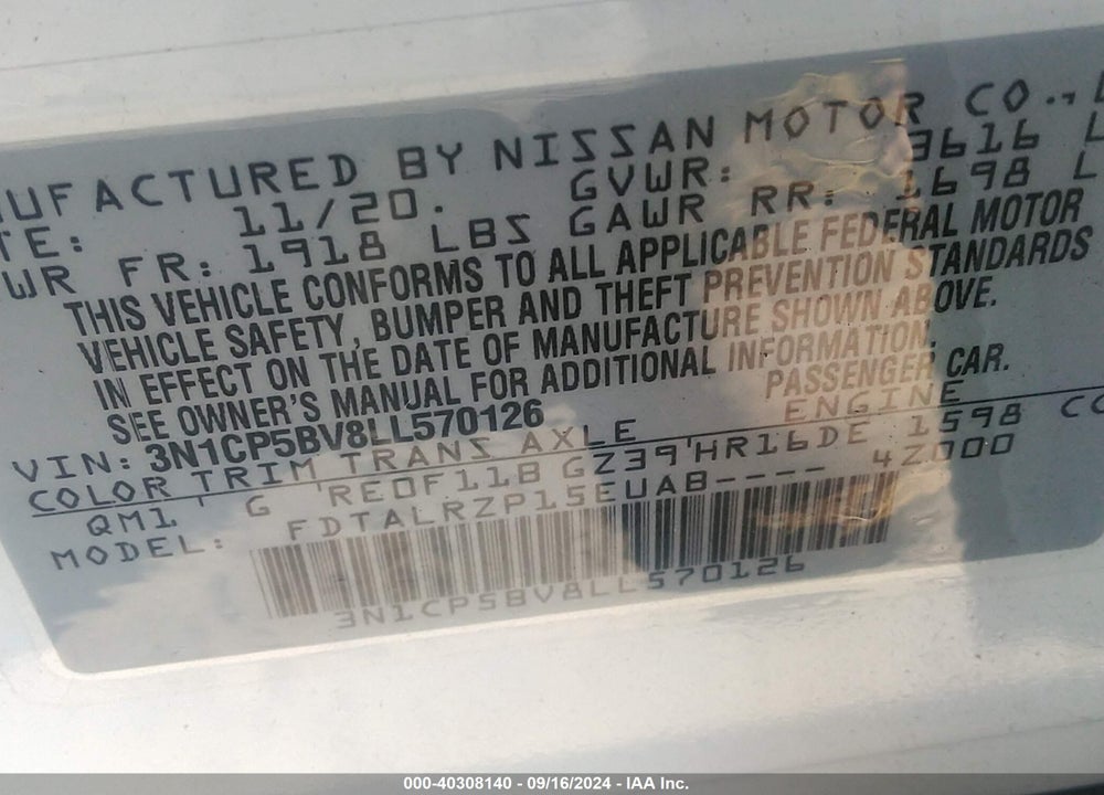 2020 NISSAN KICKS S XTRONIC CVT VIN: 3N1CP5BV8LL570126