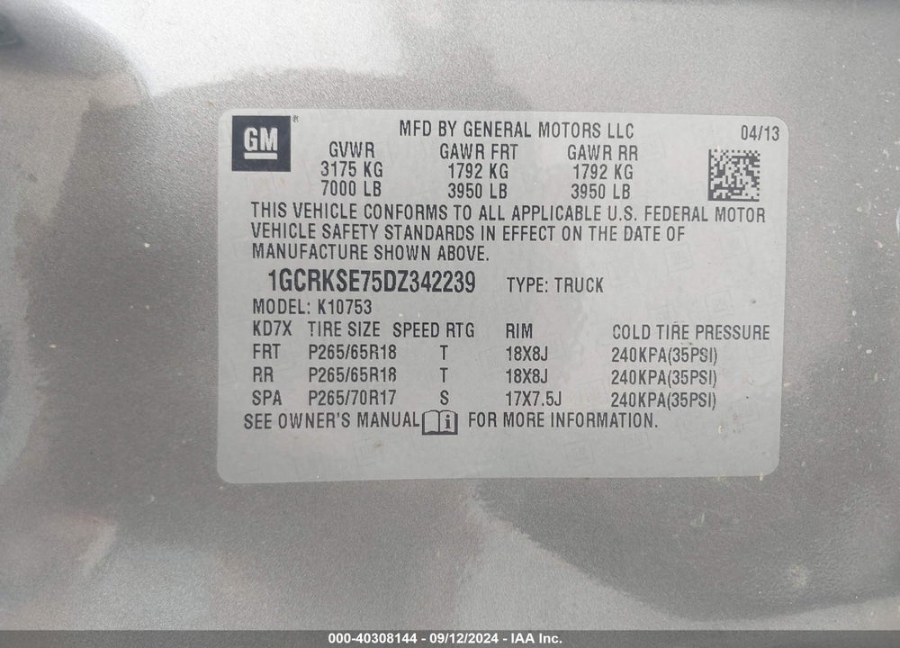 2013 CHEVROLET SILVERADO 1500 LT VIN: 1GCRKSE75DZ342239