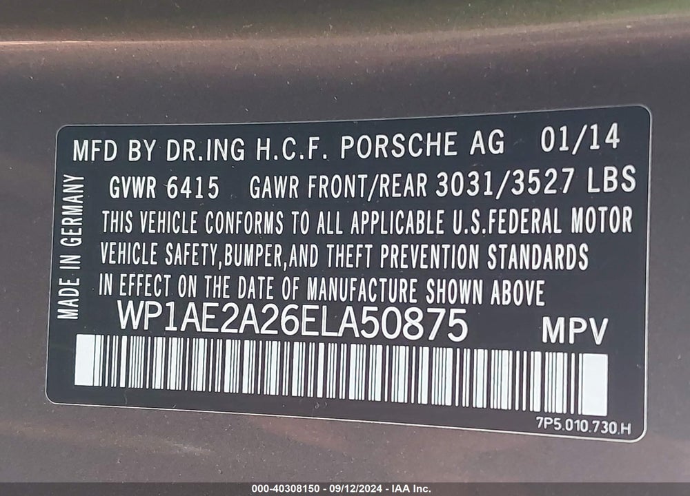 2014 PORSCHE CAYENNE HYBRID S VIN: WP1AE2A26ELA50875