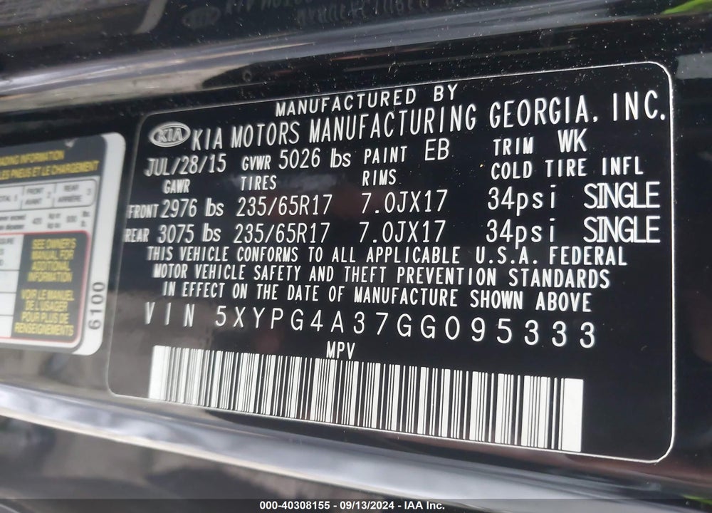 2016 KIA SORENTO 2.4L L VIN: 5XYPG4A37GG095333