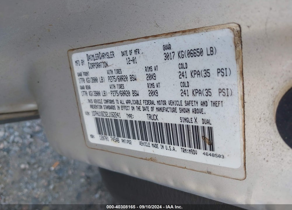 2002 DODGE RAM 1500 ST VIN: 1D7HU18Z32J162241