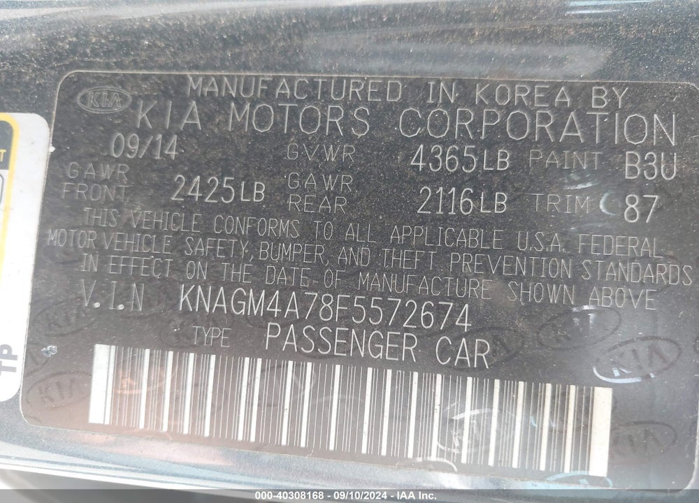 2015 KIA OPTIMA LX VIN: KNAGM4A78F5572674