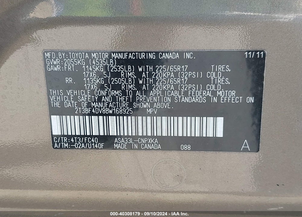 2011 TOYOTA RAV4 VIN: 2T3BF4DV8BW168925