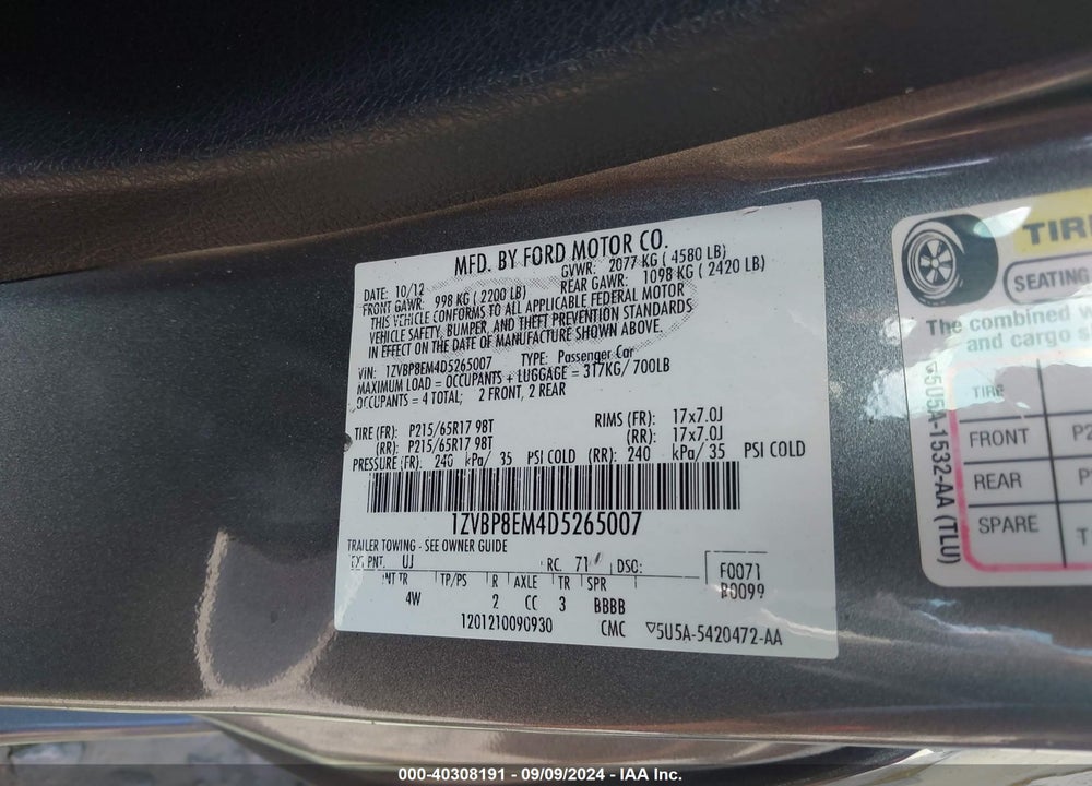 2013 FORD MUSTANG V6 PREMIUM VIN: 1ZVBP8EM4D5265007