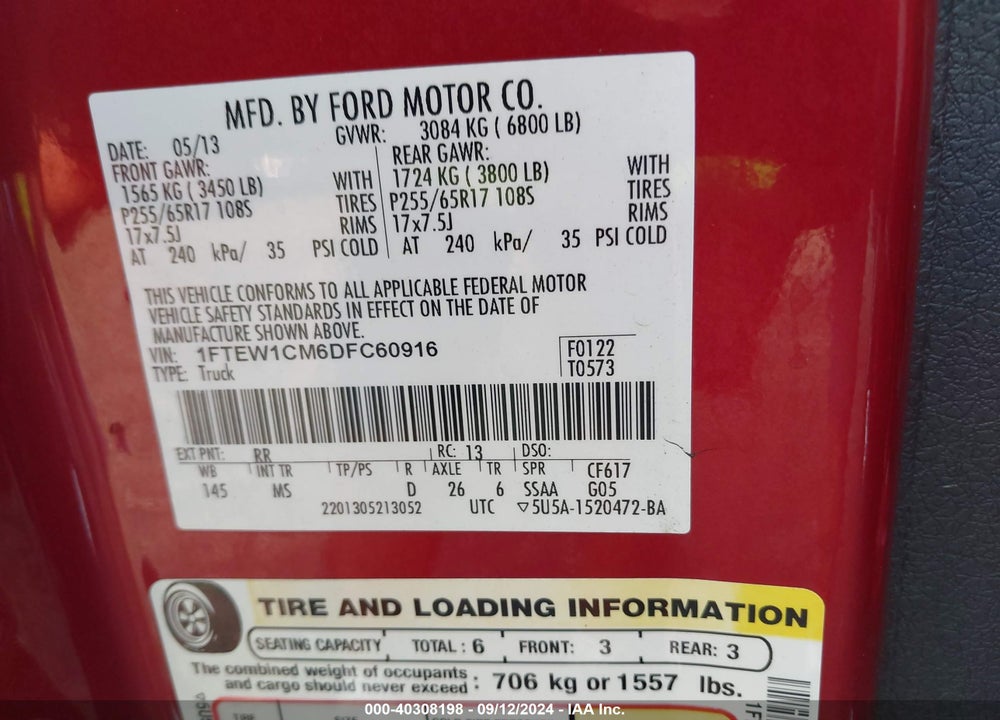 2013 FORD F-150 XLT VIN: 1FTEW1CM6DFC60916