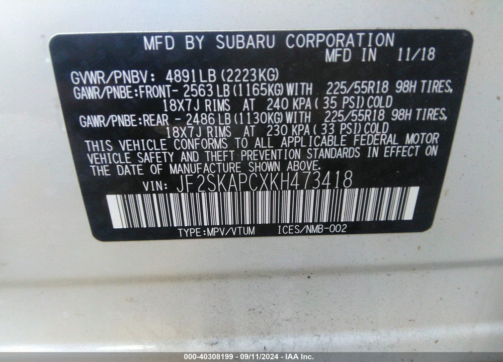 2019 SUBARU FORESTER SPORT VIN: JF2SKAPCXKH473418