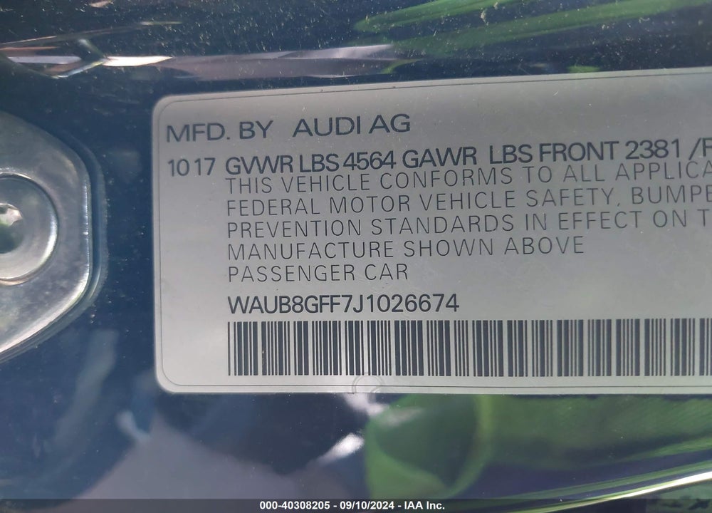 2018 AUDI A3 2.0T PREMIUM/2.0T TECH PREMIUM VIN: WAUB8GFF7J1026674