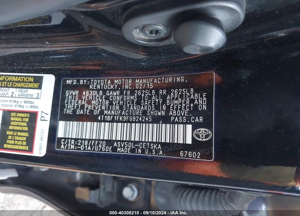 2015 TOYOTA CAMRY SE VIN: 4T1BF1FK9FU924245