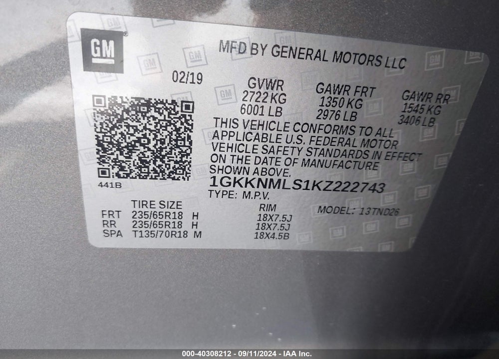 2019 GMC ACADIA SLT-1 VIN: 1GKKNMLS1KZ222743