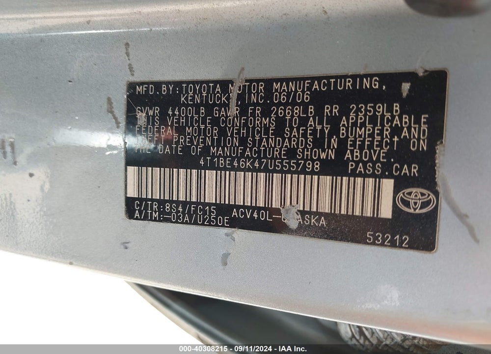 2007 TOYOTA CAMRY SE VIN: 4T1BE46K47U555798