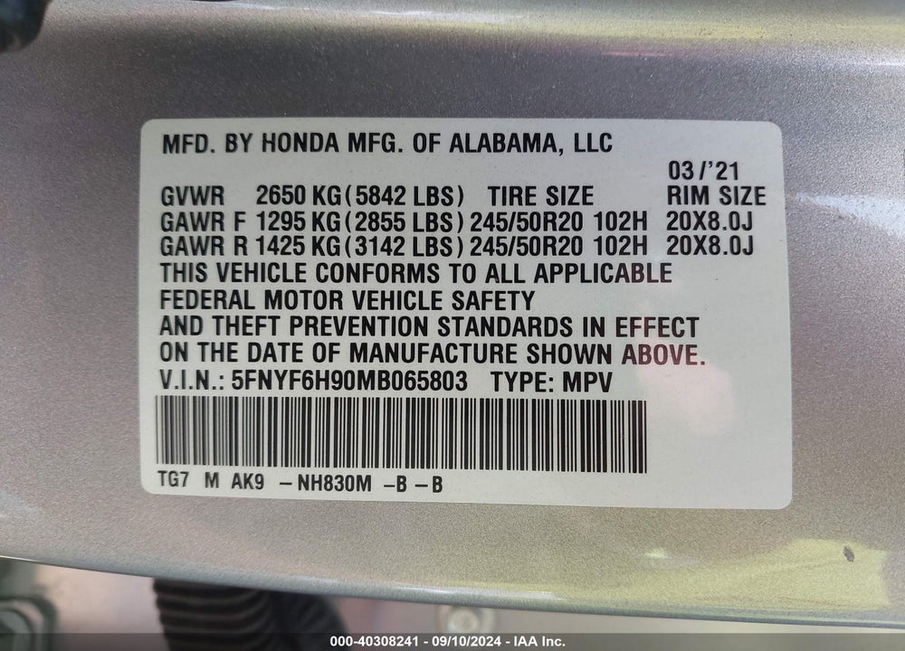 2021 HONDA PILOT AWD TOURING 8 PASSENGER VIN: 5FNYF6H90MB065803
