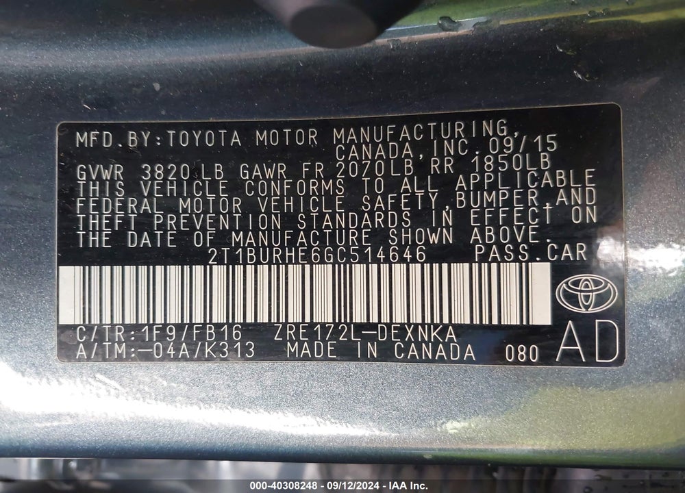 2016 TOYOTA COROLLA LE VIN: 2T1BURHE6GC514646