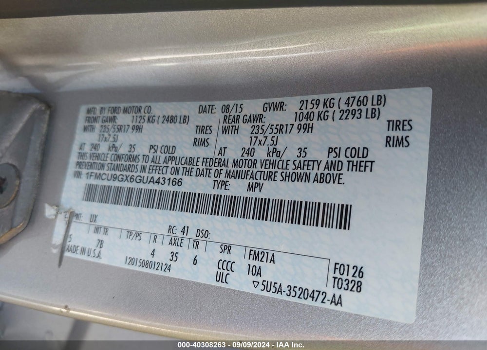 2016 FORD ESCAPE SE VIN: 1FMCU9GX6GUA43166