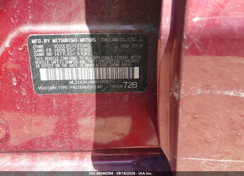 2019 MITSUBISHI MIRAGE RF VIN: ML32A3HJ4KH016567