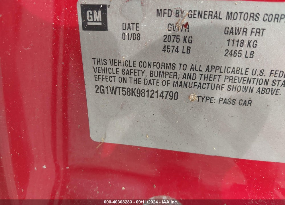 2008 CHEVROLET IMPALA LT VIN: 2G1WT58K981214790