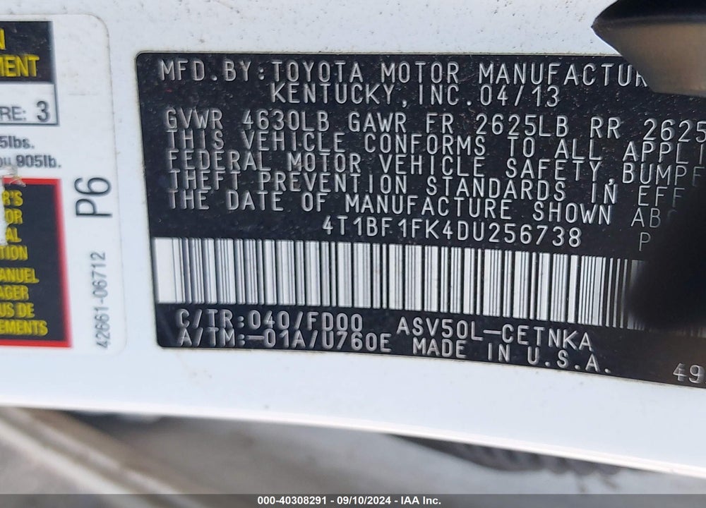 2013 TOYOTA CAMRY LE VIN: 4T1BF1FK4DU256738