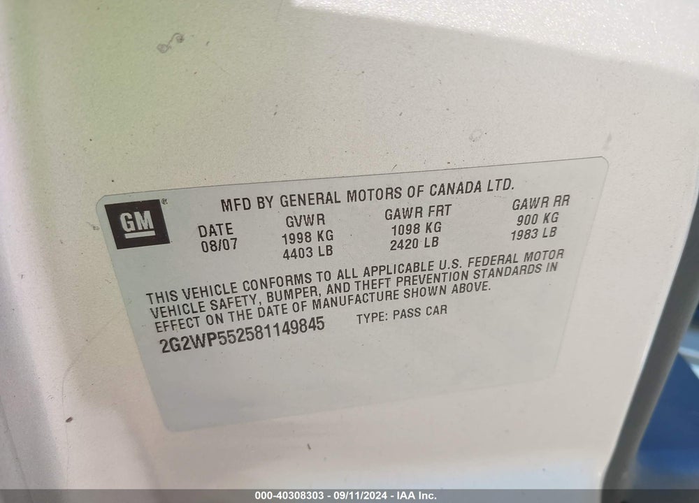 2008 PONTIAC GRAND PRIX VIN: 2G2WP552581149845