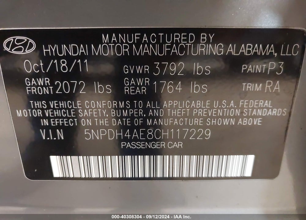 2012 HYUNDAI ELANTRA GLS VIN: 5NPDH4AE8CH117229
