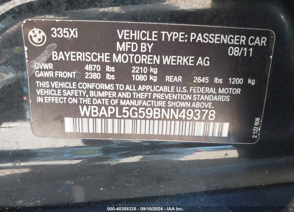 2011 BMW 335I XDRIVE VIN: WBAPL5G59BNN49378