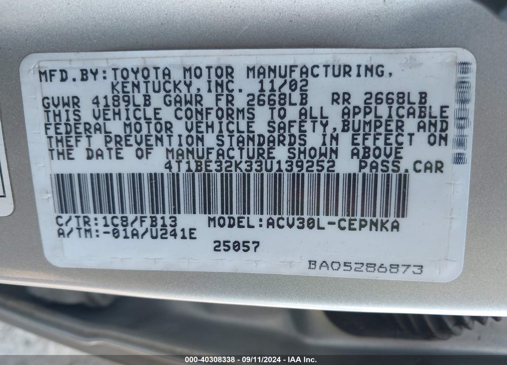 2003 TOYOTA CAMRY LE VIN: 4T1BE32K33U139252
