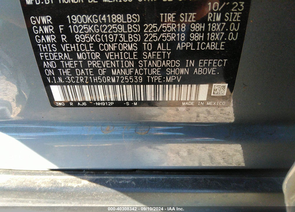 2024 HONDA HR-V 2WD SPORT/2WD SPORT W/O BSI VIN: 3CZRZ1H50RM725539