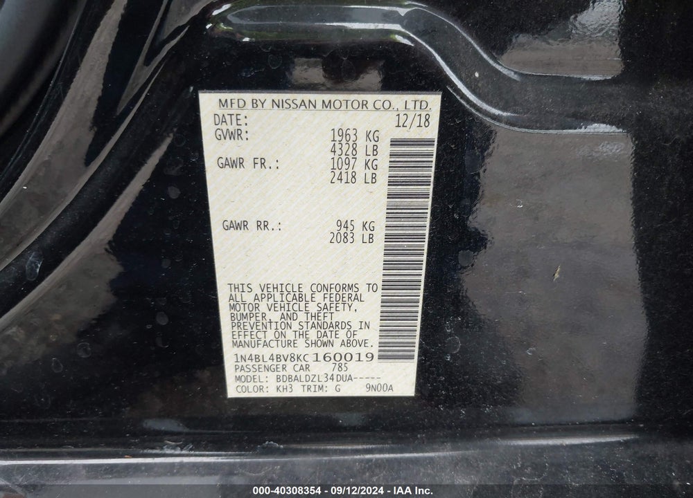 2019 NISSAN ALTIMA 2.5 S VIN: 1N4BL4BV8KC160019