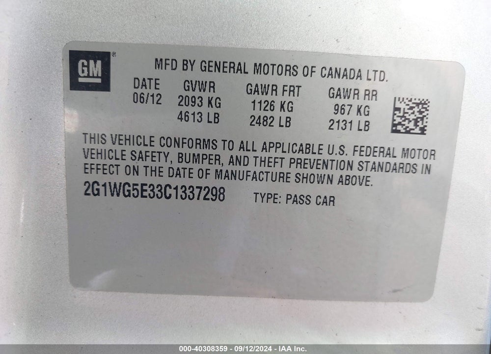 2012 CHEVROLET IMPALA LT VIN: 2G1WG5E33C1337298