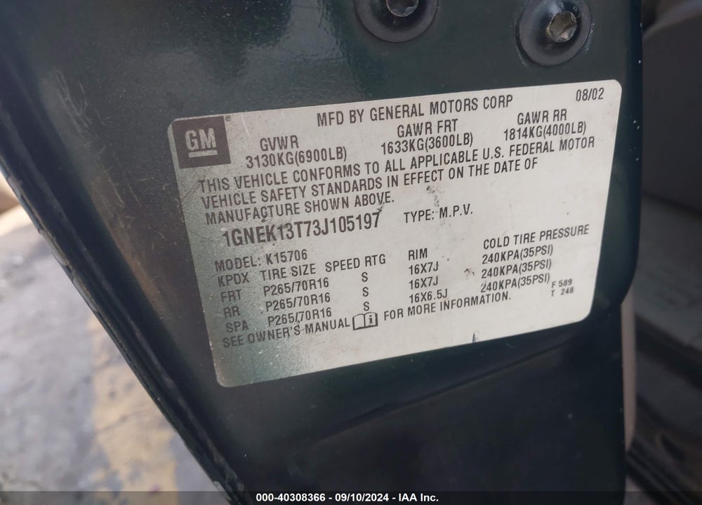 2003 CHEVROLET TAHOE LS VIN: 1GNEK13T73J105197