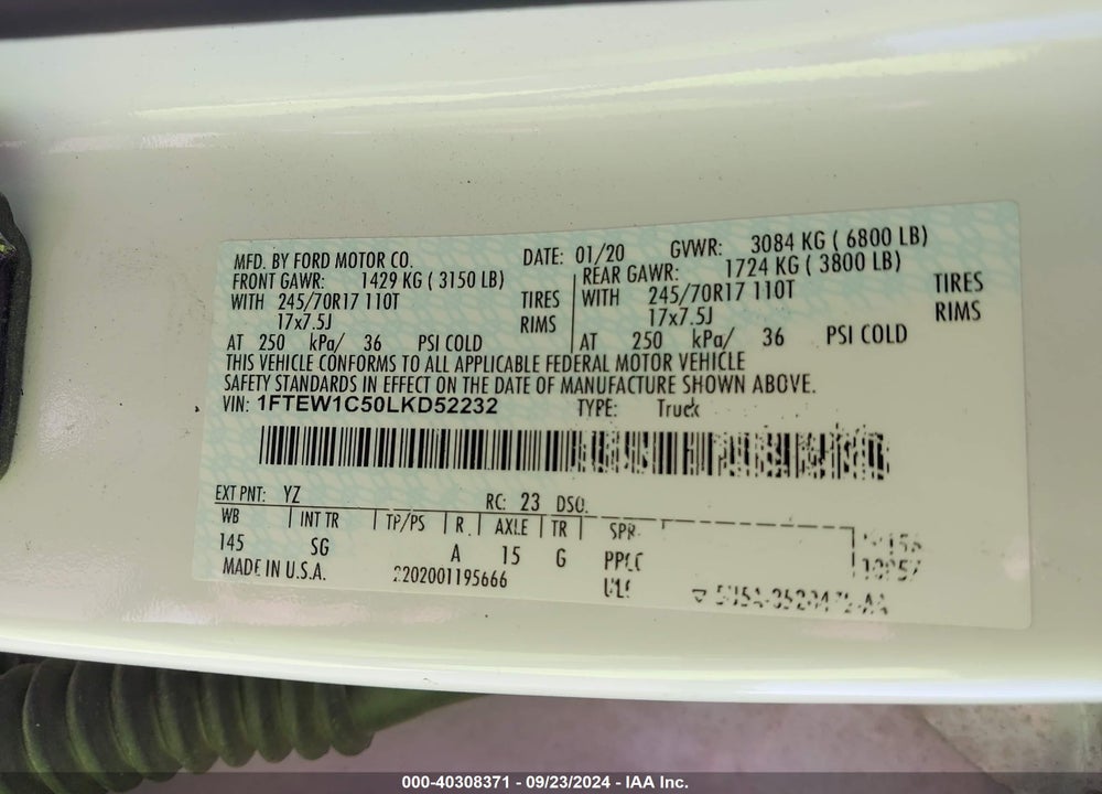 2020 FORD F-150 XL VIN: 1FTEW1C50LKD52232