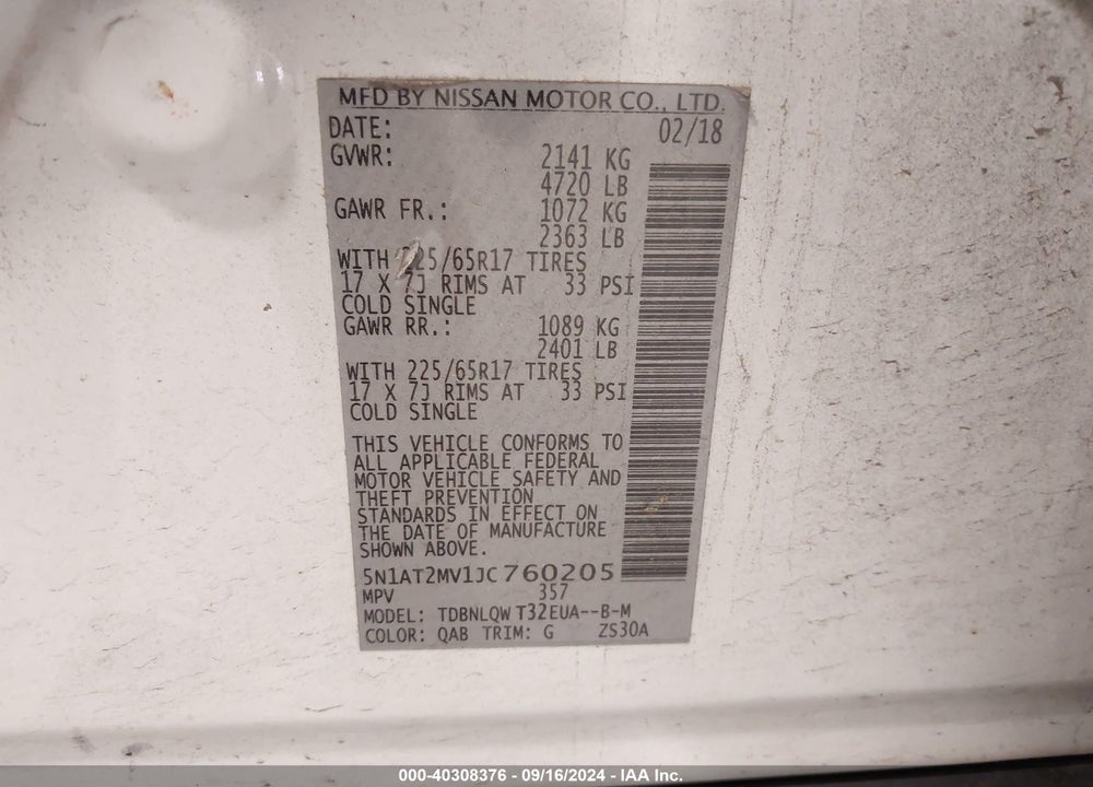 2018 NISSAN ROGUE SV VIN: 5N1AT2MV1JC760205