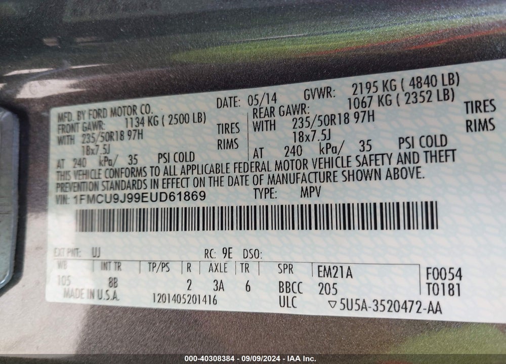 2014 FORD ESCAPE TITANIUM VIN: 1FMCU9J99EUD61869