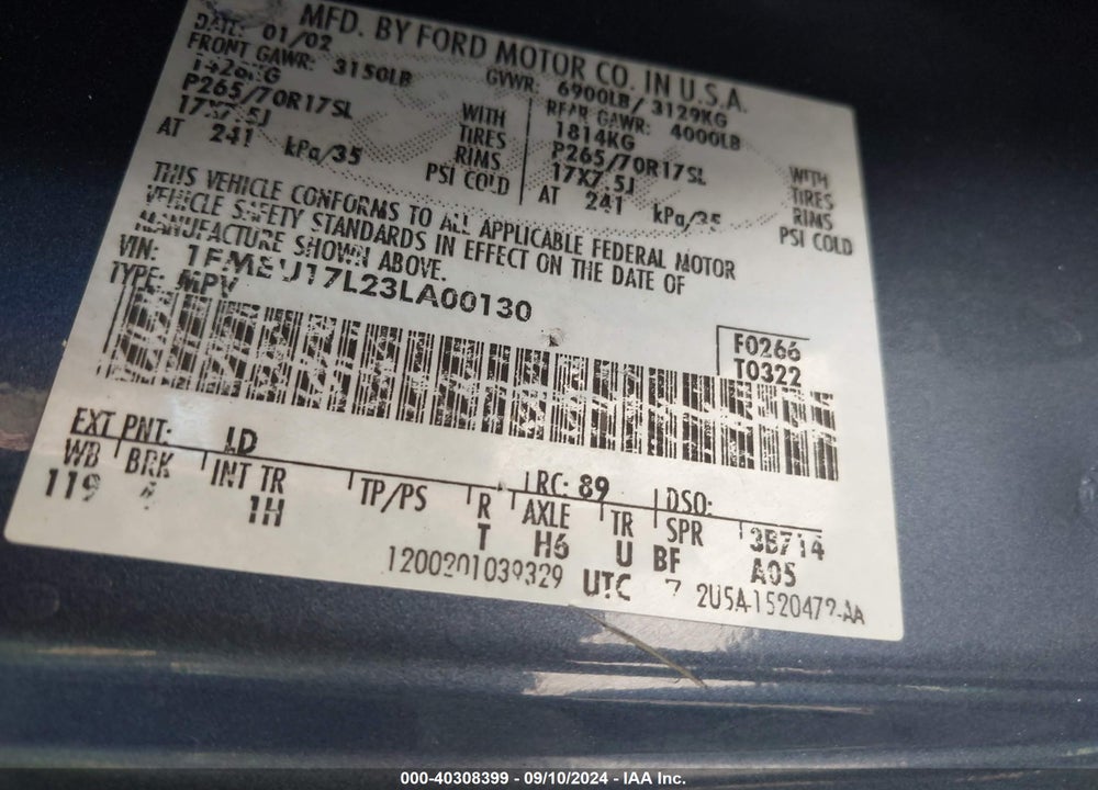 2003 FORD EXPEDITION EDDIE BAUER VIN: 1FMEU17L23LA00130