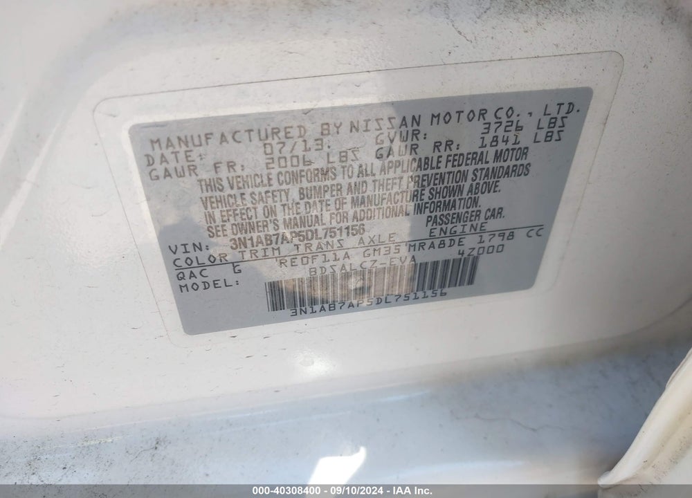 2013 NISSAN SENTRA S VIN: 3N1AB7AP5DL751156