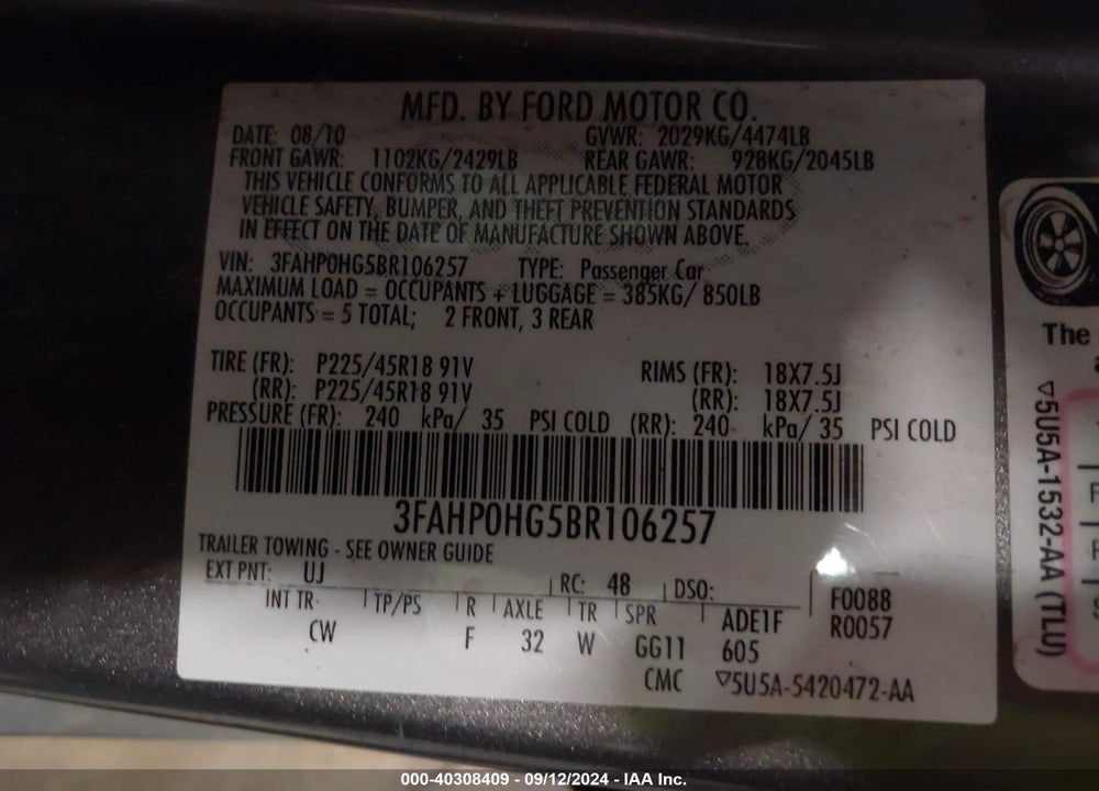 2011 FORD FUSION SE VIN: 3FAHP0HG5BR106257