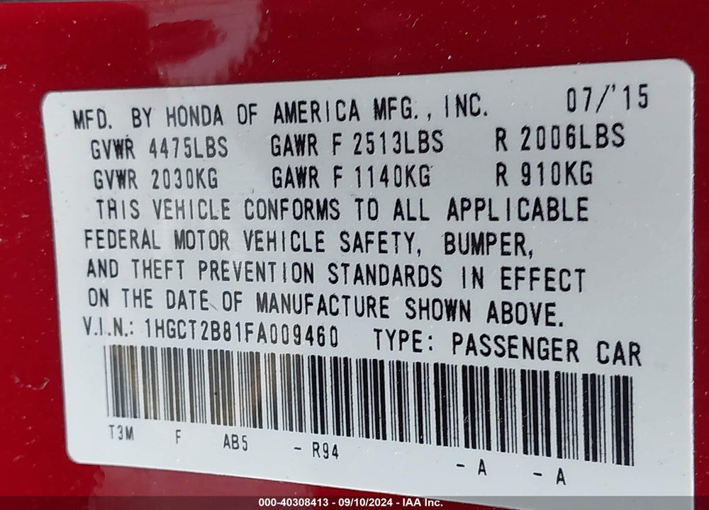 2015 HONDA ACCORD EX-L V-6 VIN: 1HGCT2B81FA009460